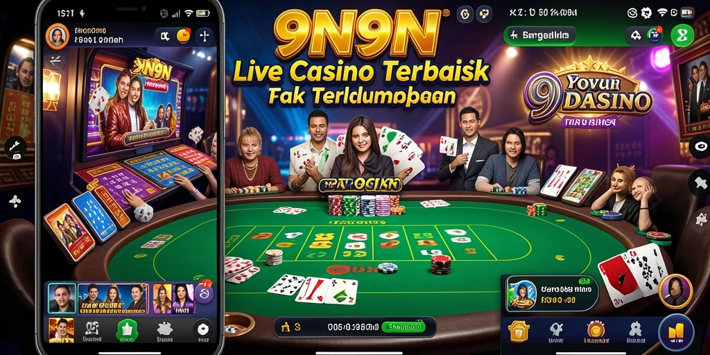 Screenshot gameplay 9N9N menampilkan dealer langsung dan suasana kasino yang hidup.