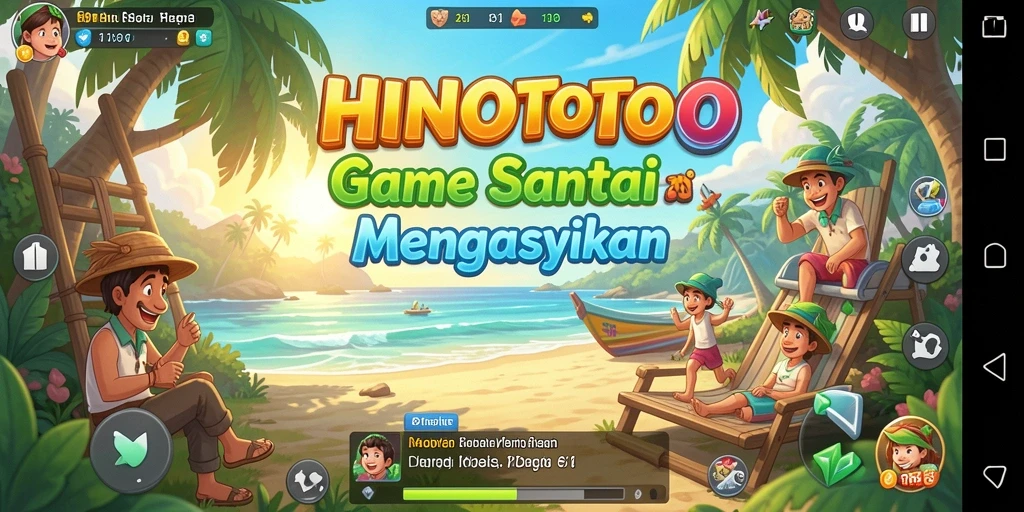 Screenshot gameplay HINOTOTO menampilkan aksi santai dan penuh warna.